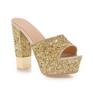 Women peep toe heel sandal slip on glitter chunky heels