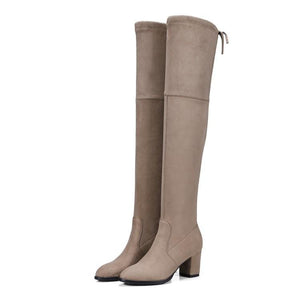 Women comfortable keep warm chunky heel back lace up over the knee boots
