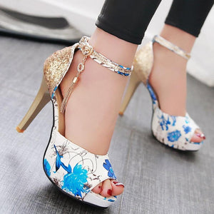 Women floral print peep toe sequin fringe stiletto high heels