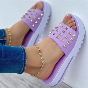 Women studded peep toe one strap beach slide sandals