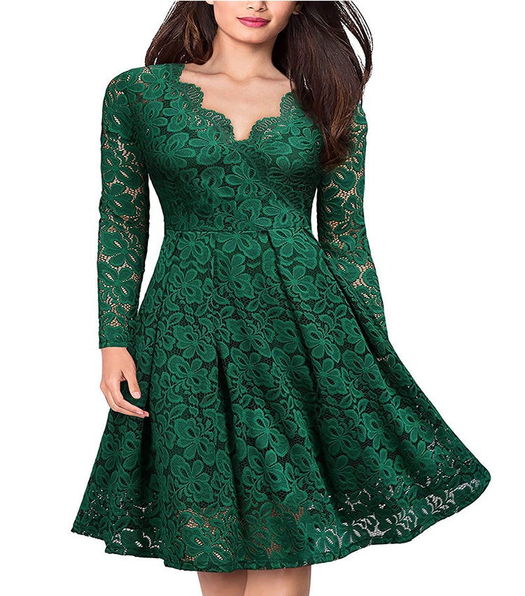 Long sleeves v neck lace dress A line flare mini dress | Fall winter evening gowns party dress
