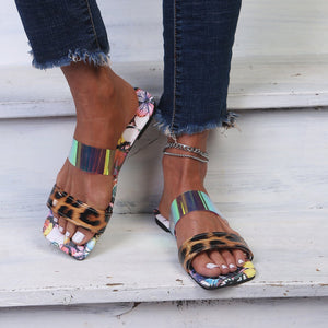 Women snakeskin sequin two strap colorful flower slide flat sandals