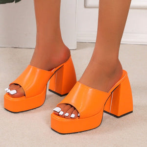 Women solid color square peep toe chunky slide platform heels