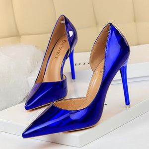 Women pointed toe metal mirror prom sexy side cut stiletto heels