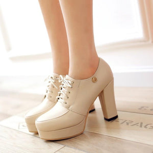 Women chunky high lace up ankle metal flower platform heels