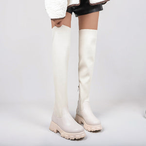 Women thigh high boots elastic side zipper chunky platform boots