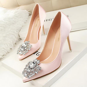 Women pointed toe rhinestone flower stiletto sexy prom heels