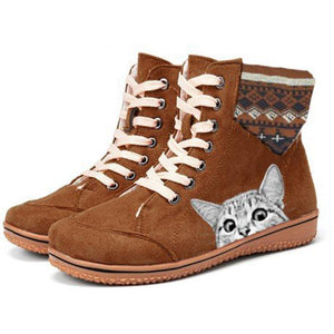 Women cat printed lace up flat short cute boots