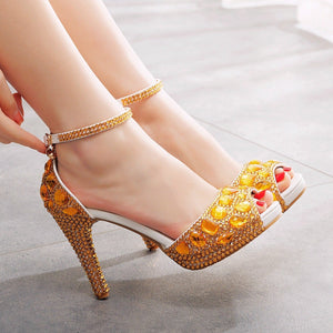 Women rhinestone peep toe wedding prom buckle strap stiletto high heels