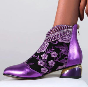 Women fashion embroidered flower hollow leaf block heel boots