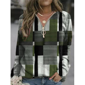 Women new fashion plaid printed sweatshirt quarter zip pullovers