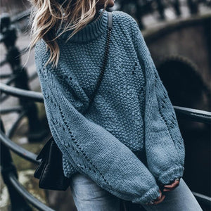 Women knit flower hollow long sleeve pullover crewneck sweater