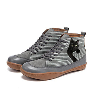 Women cat printed lace up comfortable flat boots