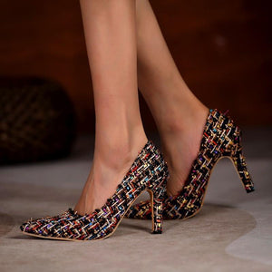 Women sexy woven pointed toe shallow slip on stiletto heels