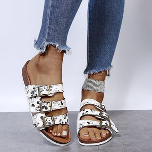 Women summer new fashion three strap buckle flat heel slide sandals