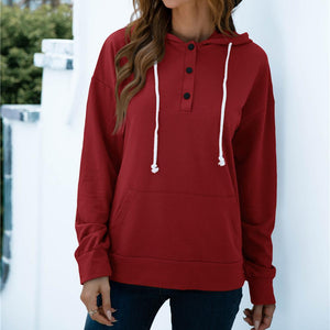 Women solid color button collar hoodie sweatshirt with pocket