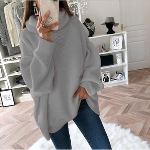 Women lantern sleeve knit pullover solid color turtleneck sweater