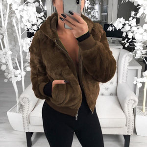 Women Hoodie Solid Faux Fur Coat With Pockets