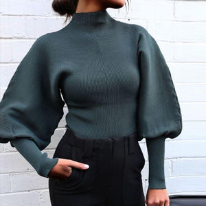 Women lantern sleeve knit pullover solid color cropped sweater
