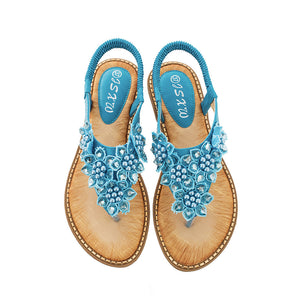 Women flower rhinestone bohemian beach elastic slip on flat sandals