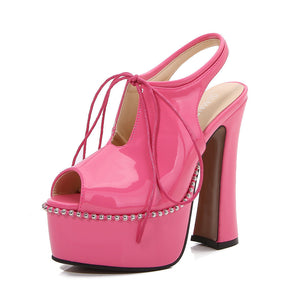 Women chunky high heel slingback lace up peep toe platform heels