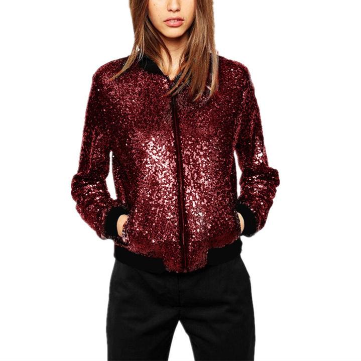 Women fashion sport sequin long sleeve zipper cropped coat jacket