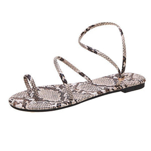 Women snakeskin summer ring toe two strap slip on flat strappy sandals