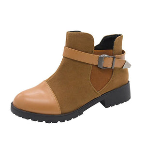 Women color block buckle strap chunky heel ankle boots