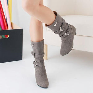 Women chunky heel buckle strap slip on mid calf boots