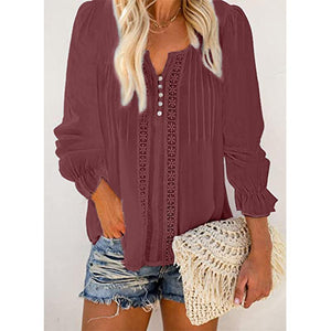 Women hollow flower solid color long sleeve v neck tops