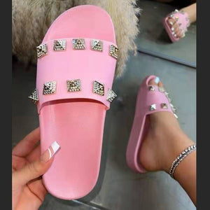 Women studded one strap thick sole beach flat slide sandals