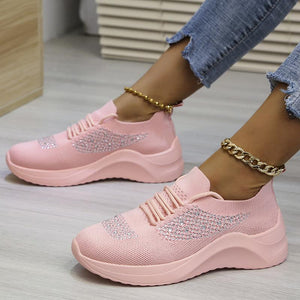 Women rhinestone fashion flyknit sneakers tennis shoes
