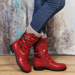 Women low heel slouch back strappy side zipper mid calf boots