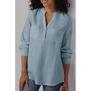 Women solid color long sleeve v neck tops with pockets