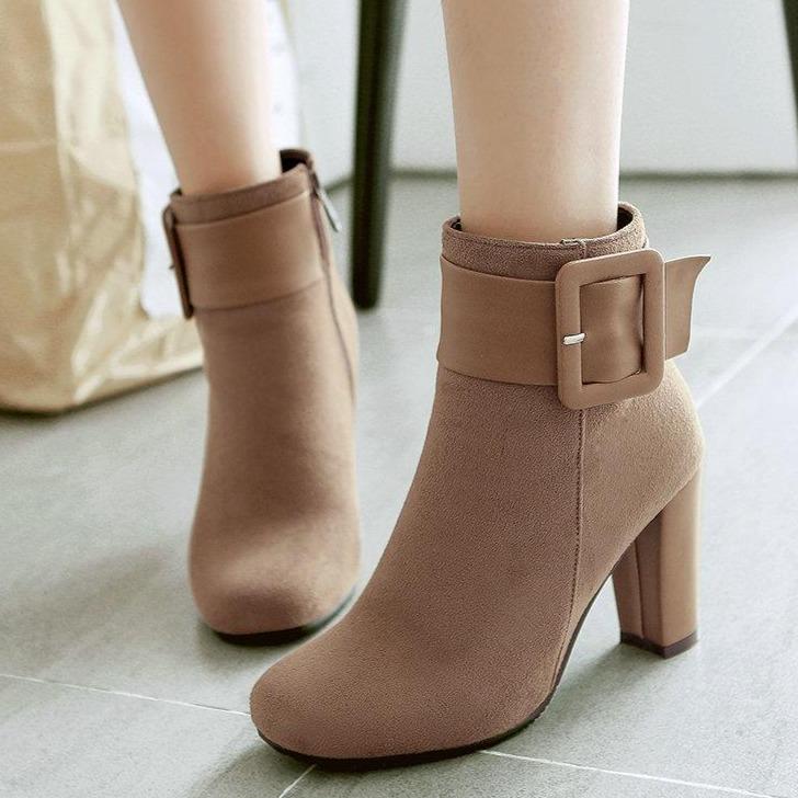 Women short buckle strap chunky high heel ankle boots