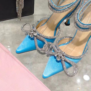 Women rhinestone bow pointed toe ankle strap stiletto heels