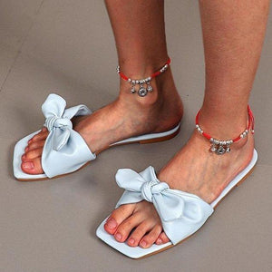 Women bowknot square peep toe summer flat slide sandals