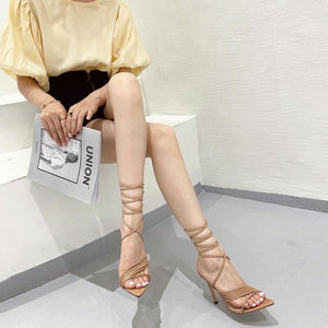 Women pointed peep toe strappy lace up stiletto heels