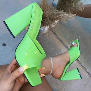 Women candy color square peep toe slip on chunky heels
