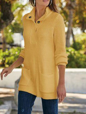 Women Standing Neck Knit Sweater With Pockets