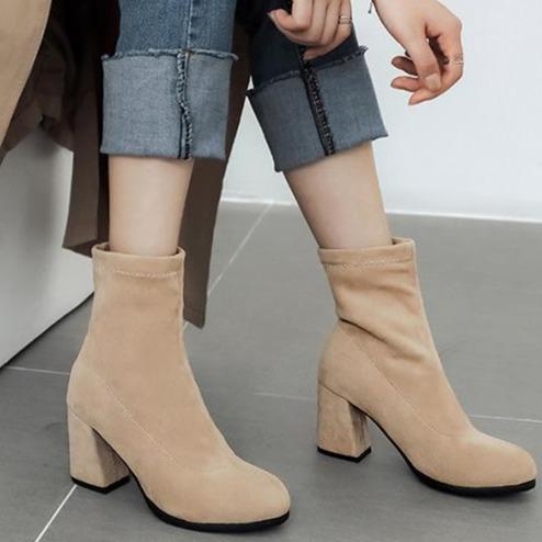 Solid color chunky heel short womens fashion boots