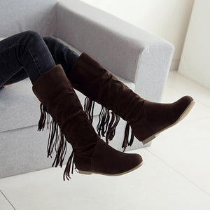 Women knee high flat low heel solid color fringe boots