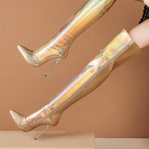 Women prom fashion mirror bling stiletto pointed toe over the knee boots
