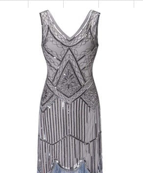 Lady's Vintage 1920s Sequins Beaded Flapper Dresses | Premium V Neck Fringed Dress Banquet Costume Dress