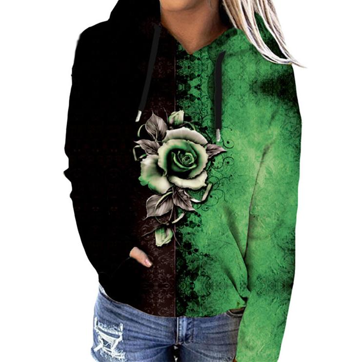 Women flower graphic color block pullover hoodie sweatshirt