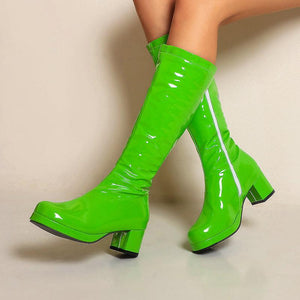 Women solid color block heel platform PU patent leather mid calf boots