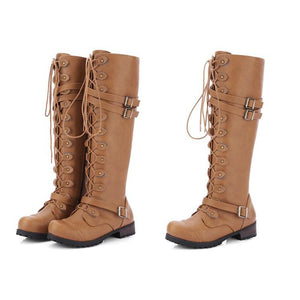 Women Combat Boots Rivet Buckle Strap Knee High Boots