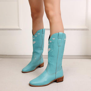 Women embroidered heart chunky heel slip on mid calf boots