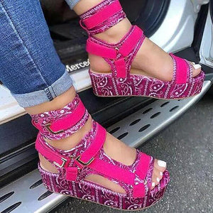Women peep toe support straps bandana print paltform velcro sandals