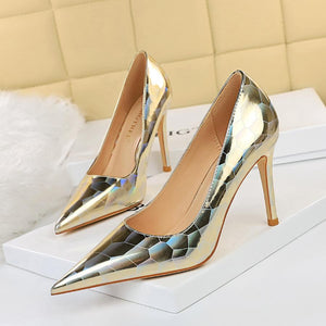 Women pointed toe metal printed mirror stiletto high heels